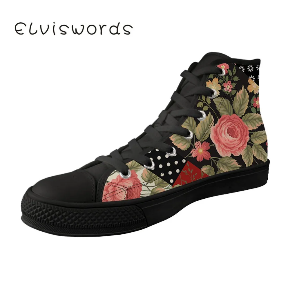 

ELVISWORDS Flower Canvas High Top Shoes Floral Print Black Sole Journey Outdoor Walk Footwear for Women Girls
