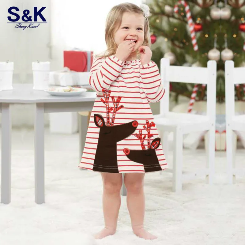 

New Christmas gift dress for girls dress princess in strip cotton deer New Year's clothing for small girls with long sleeves 197