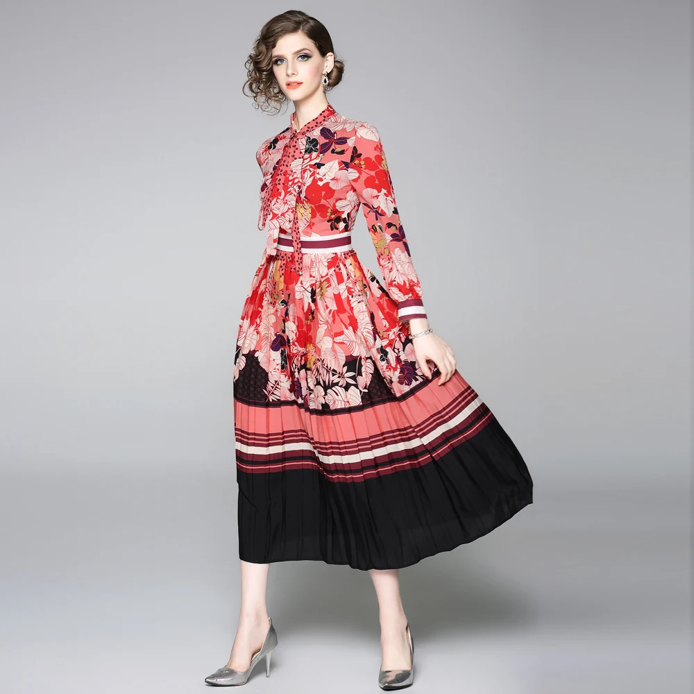 

New 2019 Woman Printed Mid Dress Bow-neck Ladies Pleated Party Dress Vintage Floral Print Slim Dress for Woman Autumn Dresses