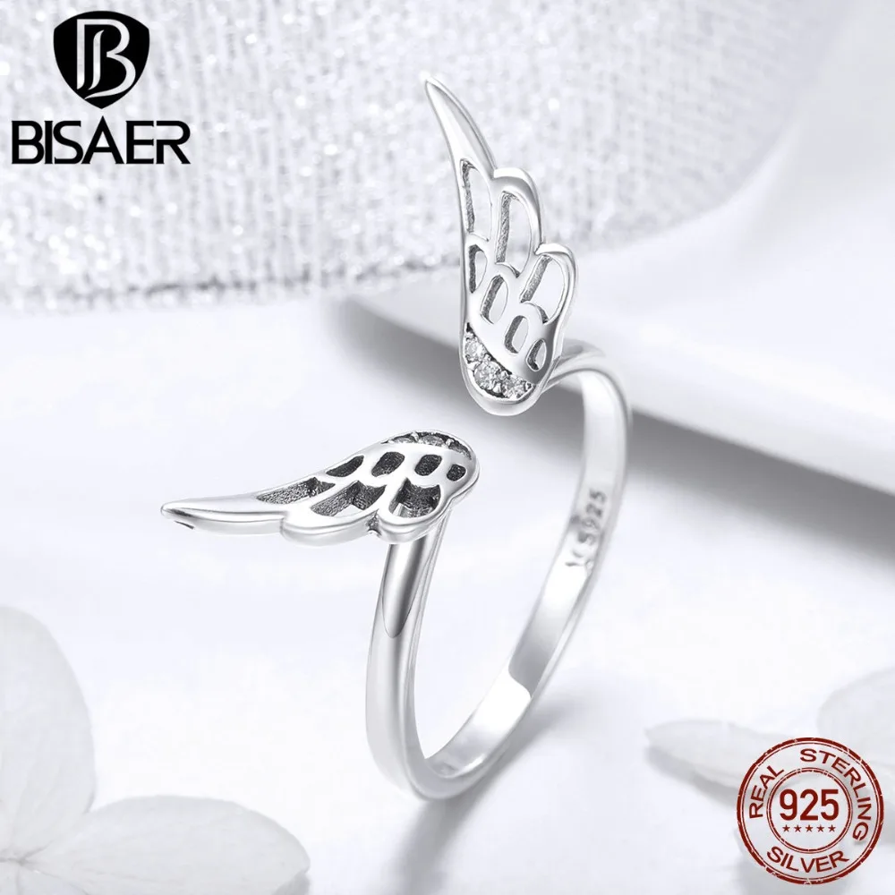 BISAER 925 Sterling Silver Open Size Angel Wings Feathers Adjustable Ring Finger Rings for Women Silver Wedding Jewelry ECR457