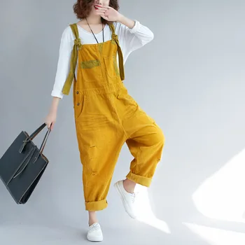 

Large size Corduroy bib pants Women Baggy Jumpsuits Patchwork hanging crotch Rompers Trousers hip hop Ripped dancing Overalls