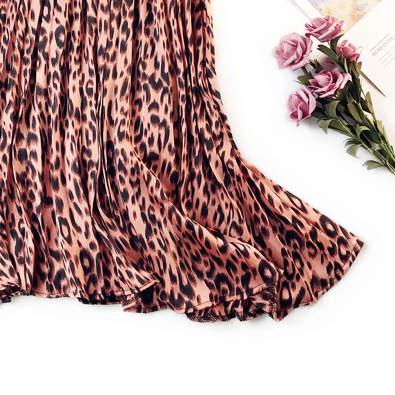 Льняная винтажная леопардовая юбка с эластичной резинкой на талии миди плиссированная юбка с принтом животных Женская юбка в стиле ретро с