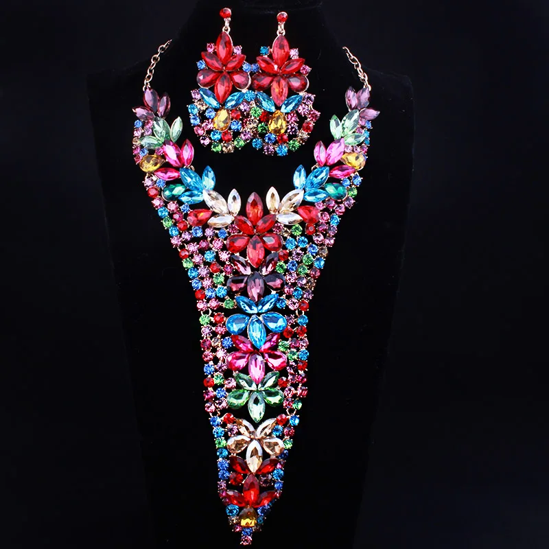 

African long Crystal Necklace and Earrings for Women Wedding Luxury Dubai Bridal Jewelry sets