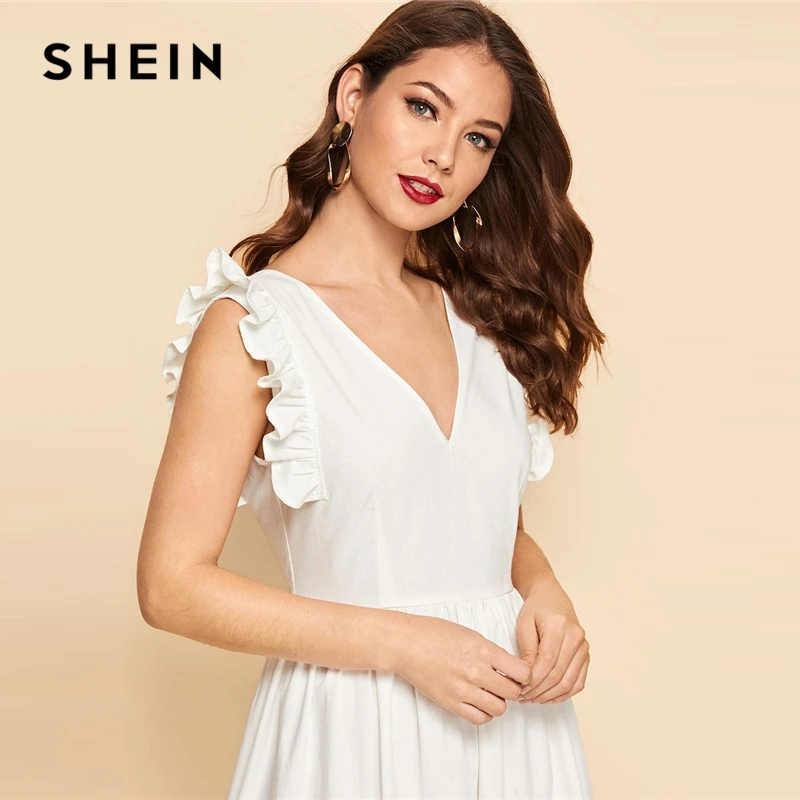 SHEIN Летнее Платье С V-Образным Вырезом И Оборками, Легкое Хлопковое Платье, Длинное Летнее Платье С Рукавами-Рюшами