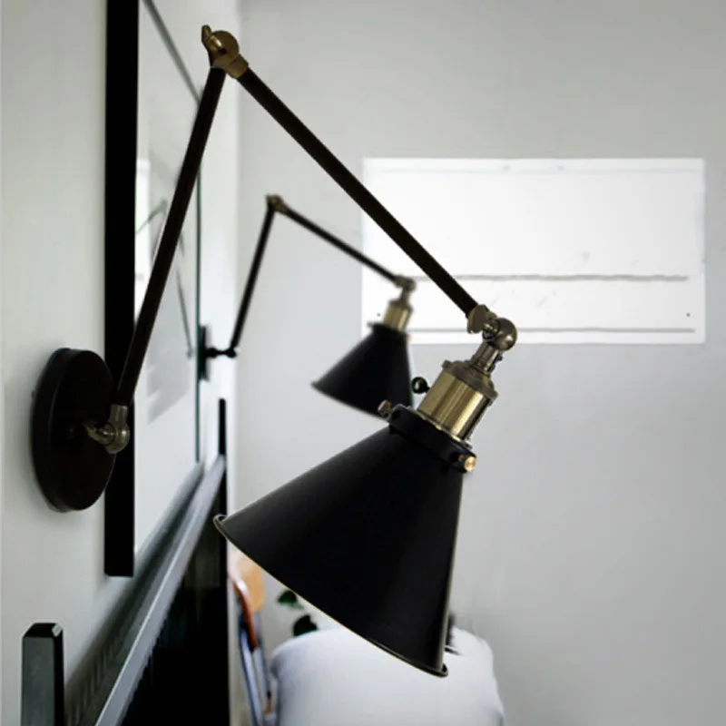 E27 Loft retro Matte Black iron shade adjustable swing arm reading wall lamps Lights sconce for workroom bedroom bar cafe e27 vintage indoor black wall lamps loft swing rock wall sconce 2 head lights robot arm sconce wall lamp for workroom cafe