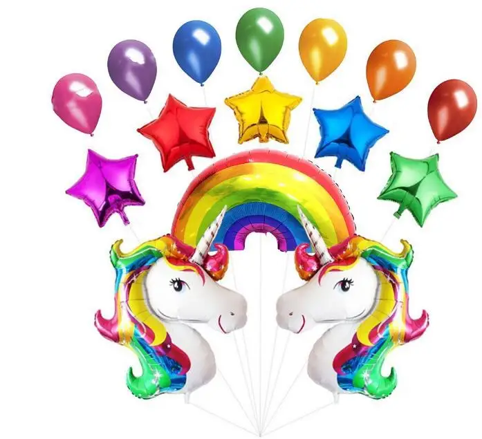 

15pcs/lot Unicorn Party Rainbow Balloons Latex Foil Cartoon Animal Balloon Birthday Party Kid's Toy Gift Helium Inflatable balls