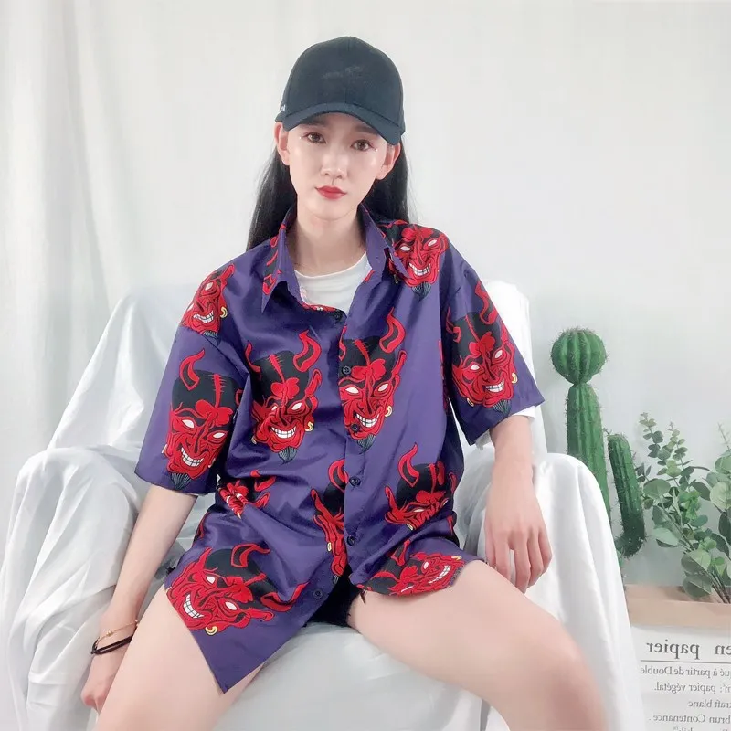 

New Woman Cartoon Devil Printed Shirts Causal Short Sleeve Button Blouses Loose Turndown Neck Summer Tops