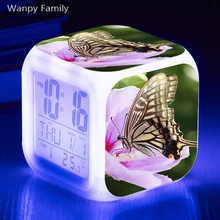 Очень красивый будильник с цветами и бабочками, 7 цветов, светодиодный, светящийся, цифровой, детский будильник, многофункциональные, флеш-часы