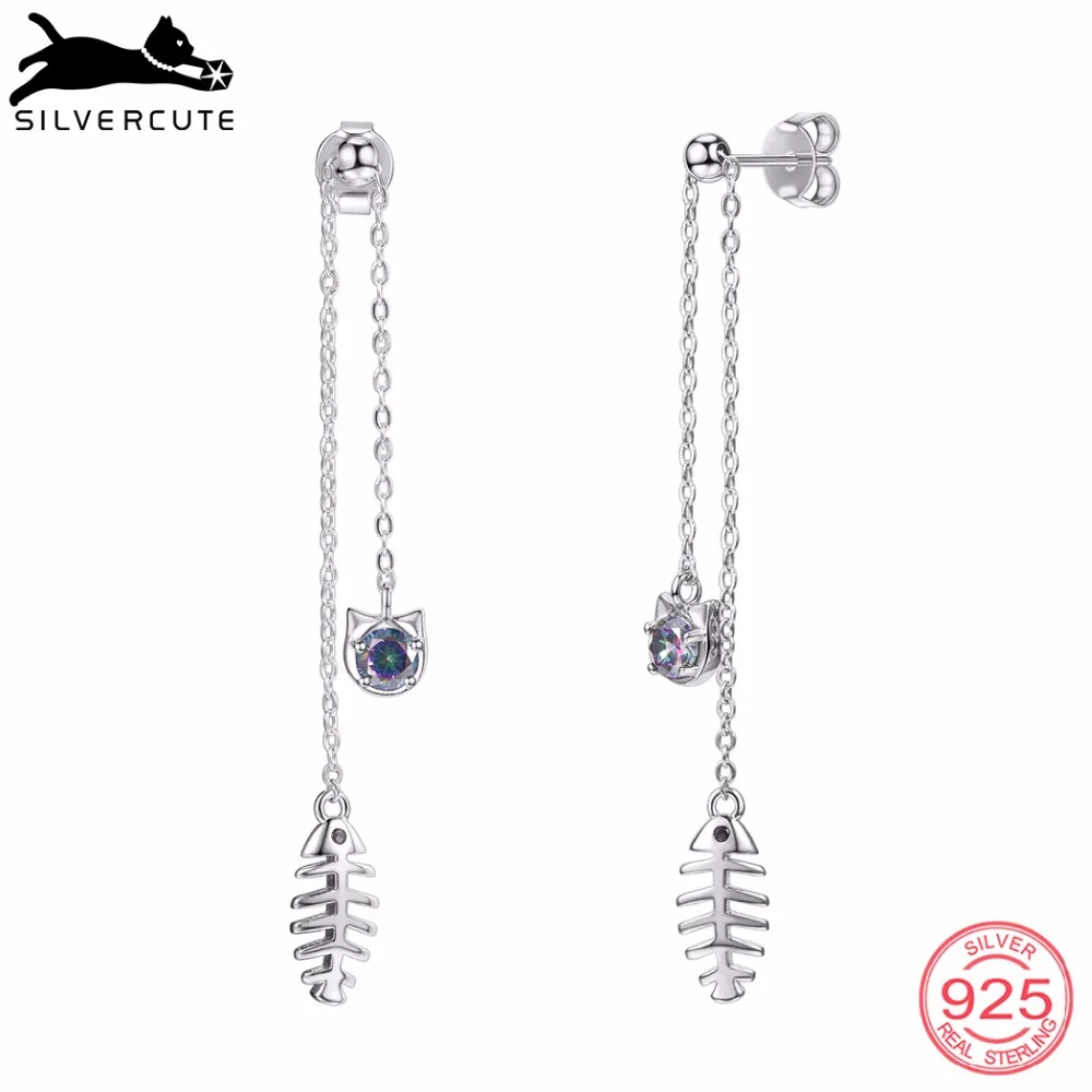 SILVERCUTE 925 пробы серебряные кошачьи и рыбные кости длинные висячие серьги для