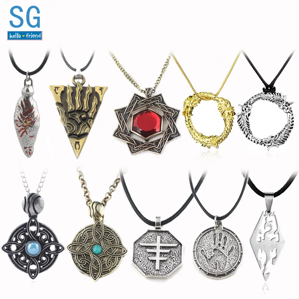 

SG 20Pcs Elder Scrolls Skyrim Amulet Morrowind Pendants Necklaces Dark Brotherhood Dinosaur Triangle Men Wholesales Jewelry