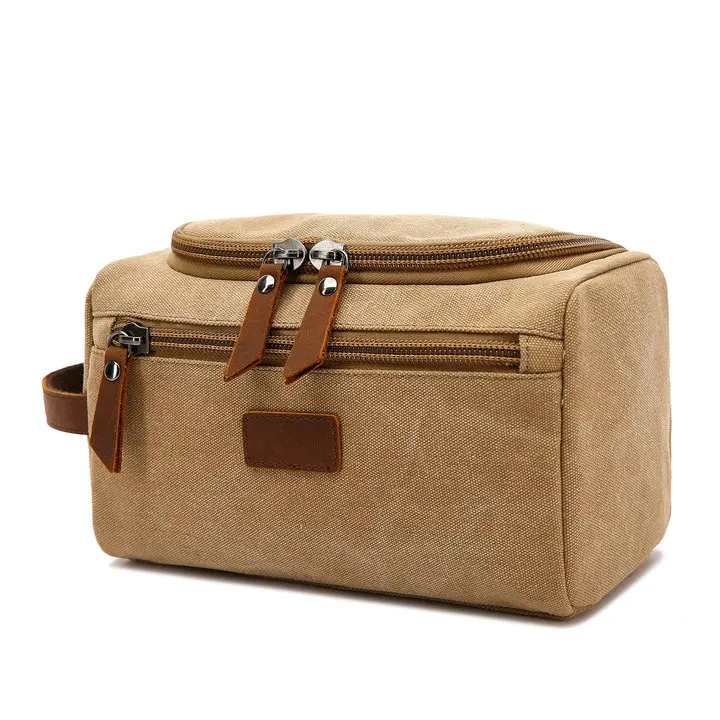 New Men Travel Toiletry Bag Wash Shaving Dopp Kit Packing Cubes Bags Dopp Kit for Canvas Leather Women Travel Bag Cosmetic Pouch - Color: Khaki