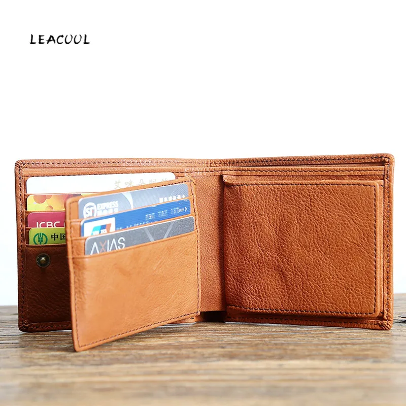 

LEACOOL 100% Genuine Leather Wallets Bifold Purse Vintage Crazy Horse Leather Clutch Men Wallets Retro Coin Pocket Men Wallets