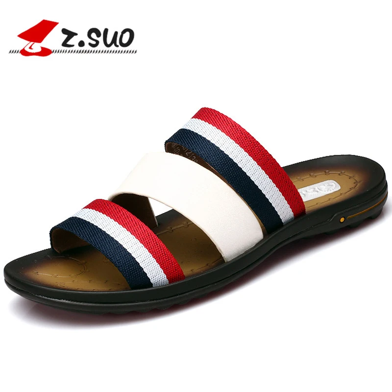 

z.suo Black Beach Slippers Mens Flip Flops Genuine Leather 2017 Summer Rubber Outdoor Casual Male Slides Sandals Men Shoes 18805
