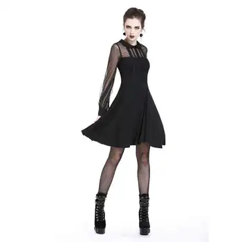 

Darkinlove Women Gothic Dress Black Mesh Long Sleeve Peter Pan Collar Party Evening Short Dress