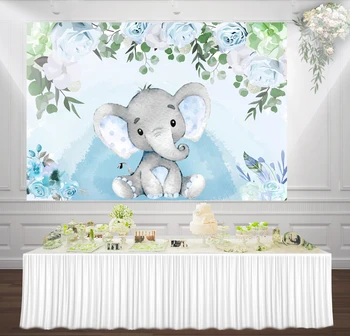

HUAYI elephant boy baby shower backdrop blue floral kids 1st birthday party decor cake table banner photoshoot background w-1541