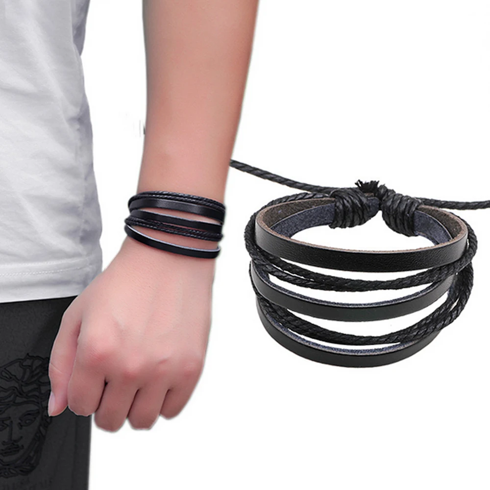 CC170 Cool Multi Layer Mens Bracelet Homme Rope Leather Bracelet Men