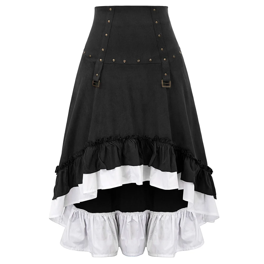 Женская готическая юбка, Ретро стиль, стимпанк, викторианские заклепки, украшенные рюшами, нестандартная высокая-низкая юбка, женские Клубные юбки для вечеринок - Цвет: Black