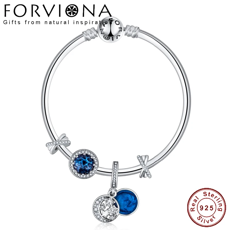

Hot Sale 925 Sterling Silver Moon & Stars Blue Sky Charm Bangle Bracelet For Women Original Beads Jewelry Lover Gift