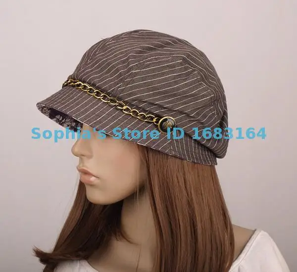 

M254 Brown Fashion Stripe Cotton Sun Hat Brim Cap Cloche Newsboy Summer Women's
