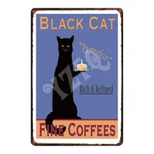 Черный кот Прекрасный кофе ретро жестяной знак потертый шик ПЭТ металлические тарелки для стены кухни дома Кафе украшения металлический плакат DU-2132