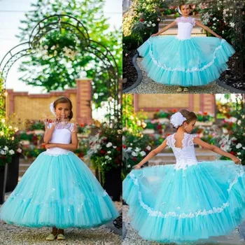 

Tulle Flower Girl Dress For Weddings with Appliques Lace Up Back Crew Sheer Neck Custom Made For 2-14 Beautiful Princess Longo
