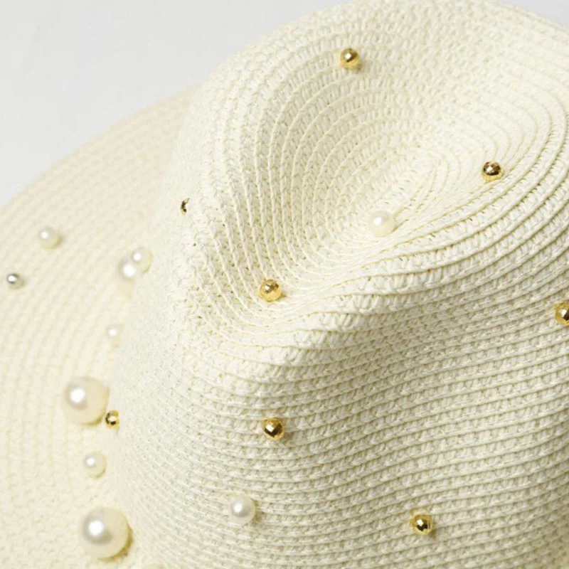 Новая летняя британская соломенная шляпа с жемчугом и бисером, затенение от солнца, женская пляжная шляпа