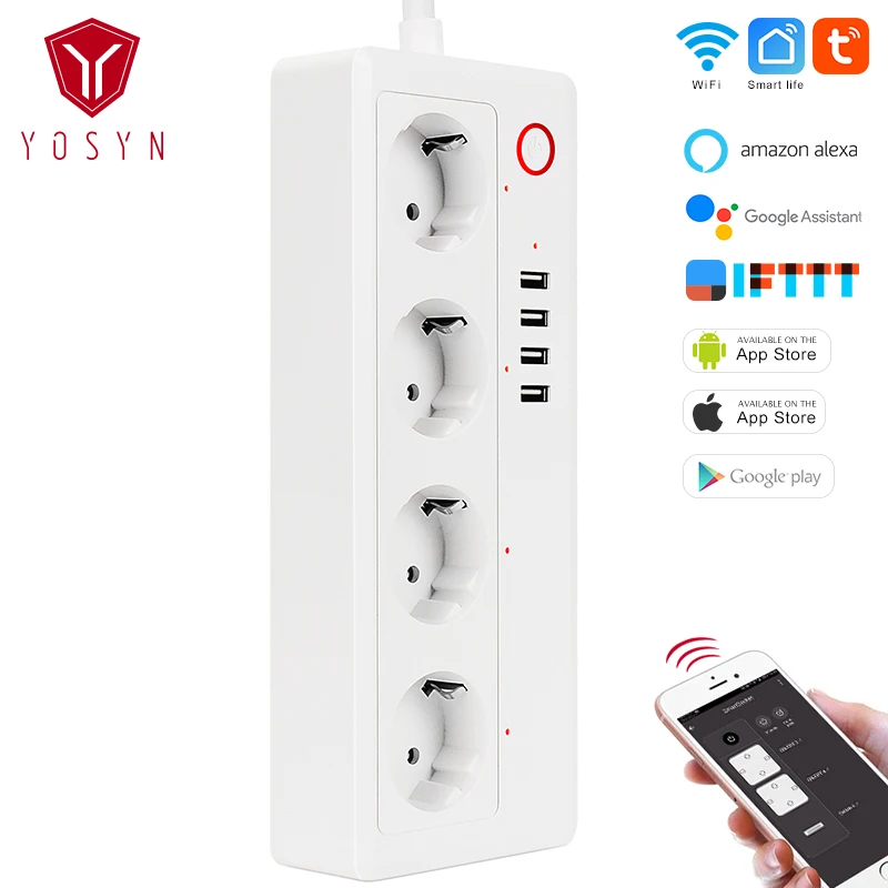 

YOSYN 16A Wifi Smart Power Plug Strip 4 EU Outlets USB Charging Port Timing Voice Control Work with Alexa Google Home Assistant
