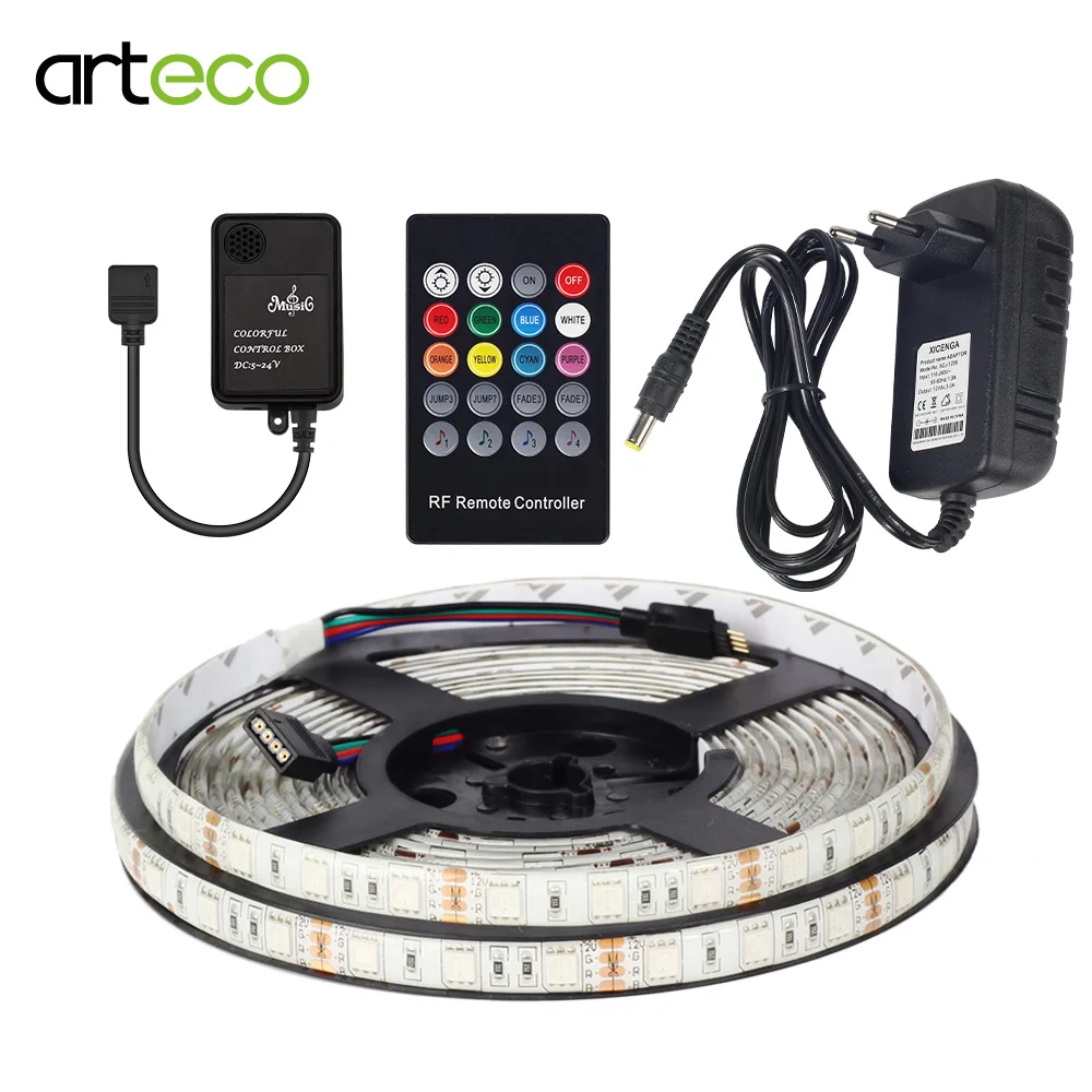 #cheap 5M 5050 RGB LED strip 60leds m Flexible No Waterproof Strip light 3A DC12V EU US Plug Adapter DC5 24V Music Remote RF Controller