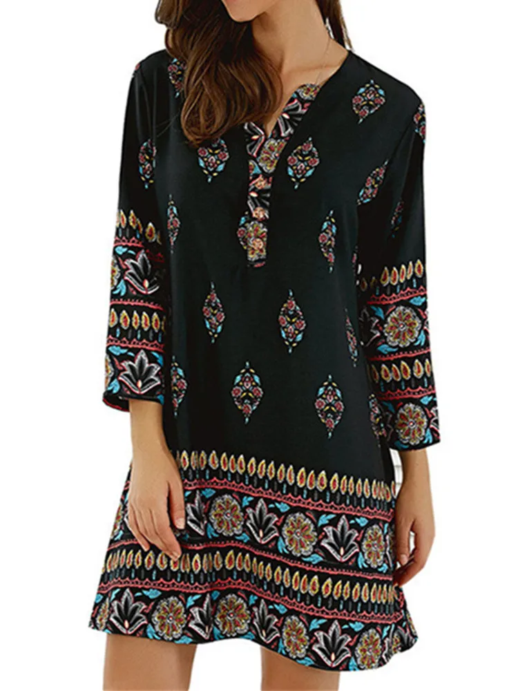 2018 Summer Flowers Print Women Retro Streetwear Loose Plus Size Dresses Boho V Neck Casual Mini Dress Vestidos Beach Sundress Dresses