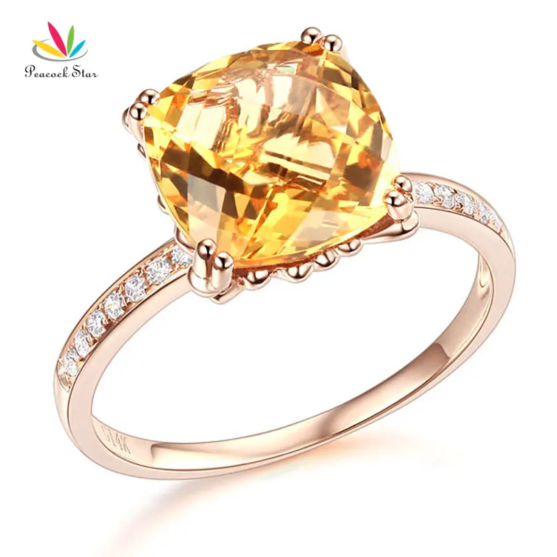 

Peacock Star 14K Rose Gold Luxury Wedding Anniversary Ring Yellow 3.6 Cushion Citrine Diamond