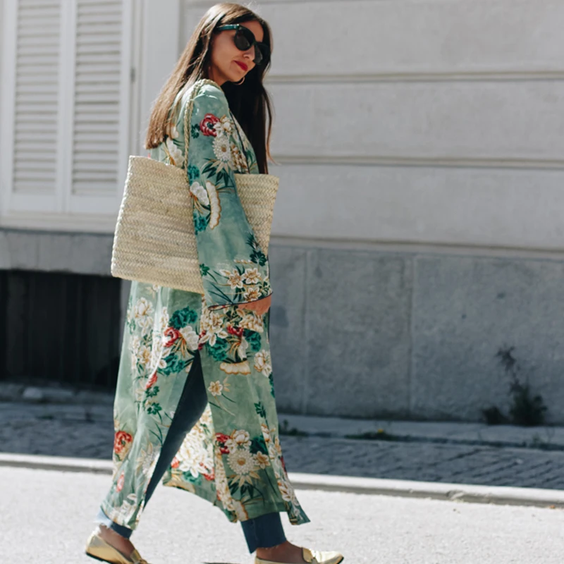 Women Summer Kimono Cardigan Long Sleeve Floral Print Rash Guards Boho Beach Cover Ups Plus Size Ladies Long Blouse Shirts Blusa
