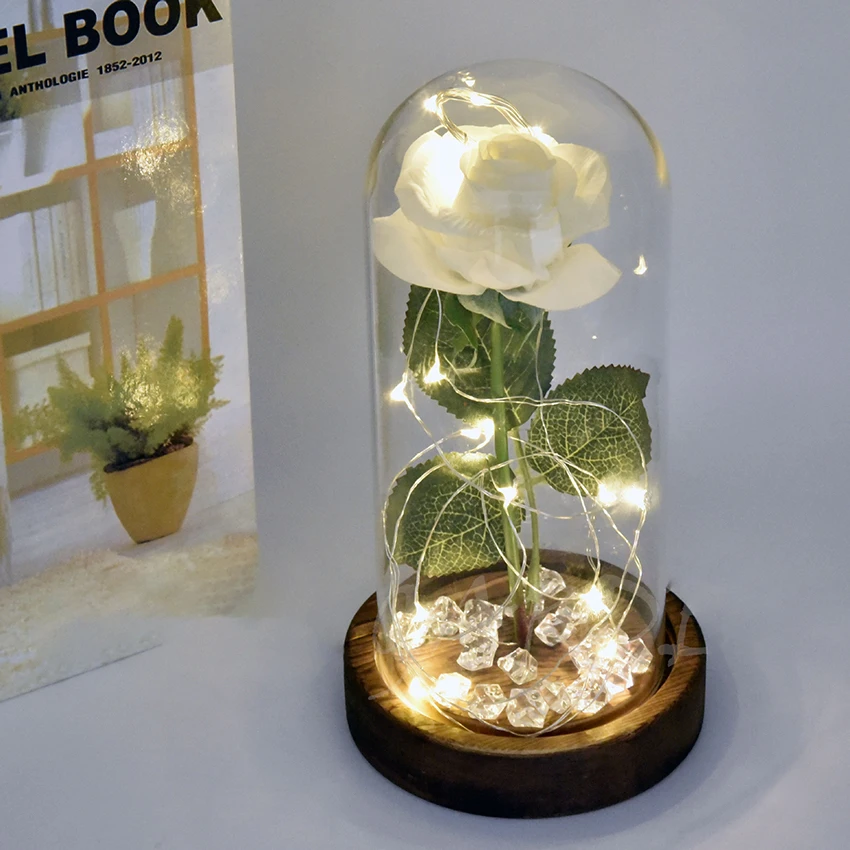 

Red Silk Rose in Glass Dome with LED Light Best Present for Her / Mom Holiday Birthday Party Wedding Beauty and the Beast