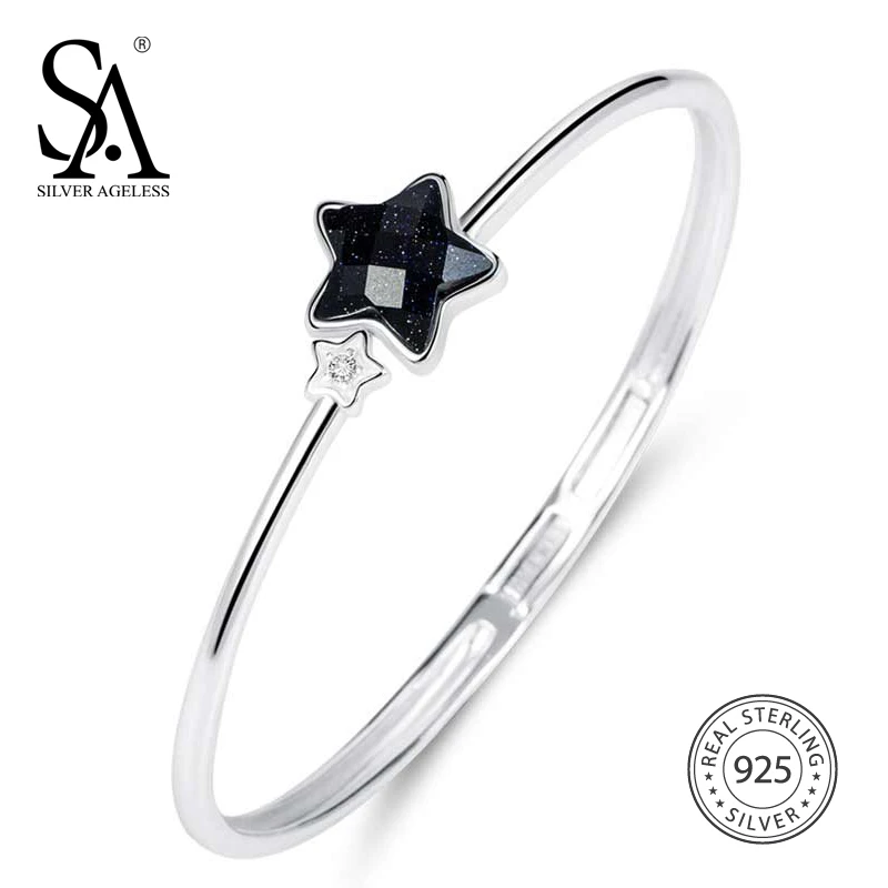 

SILVER AGELESS Real 925 Sterling Aventurine Star Bracelets Bangles for Women Fine Jewelry Round Bracelet Trendy Gift