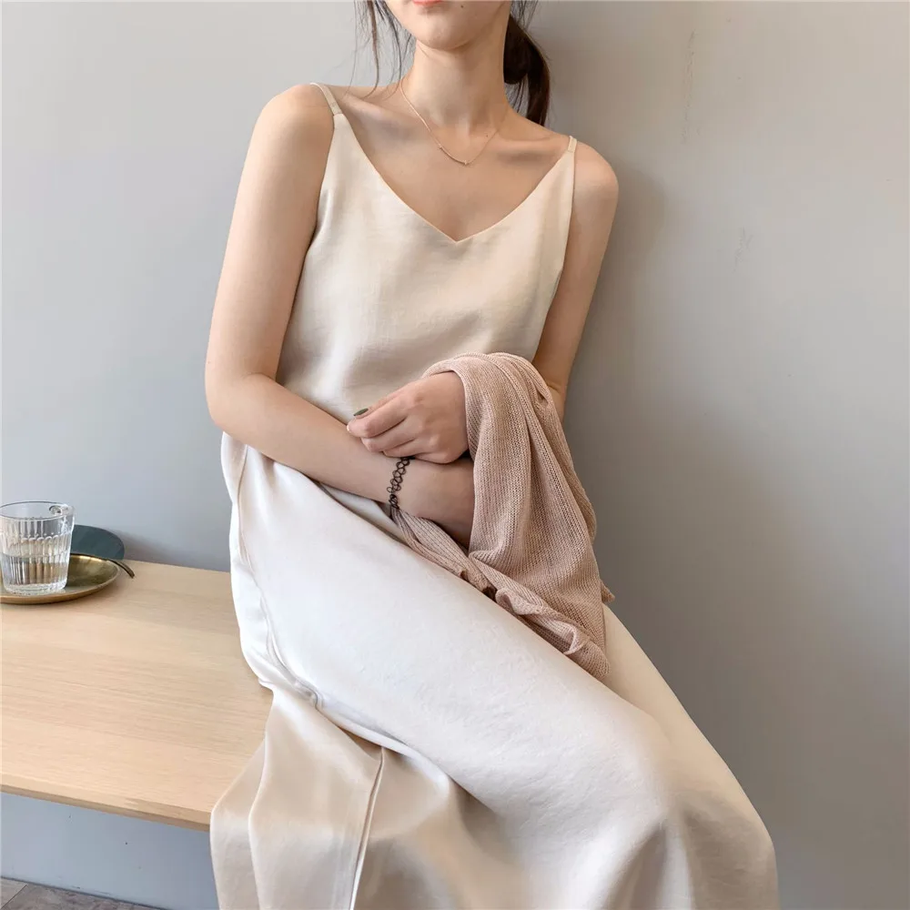 Women Summer Satin Dress 2019 Women's Sexy Dress Luxury Shiny Sundress Imitation Silk dress Y0368 Spaghetti Strap Dresses (21)