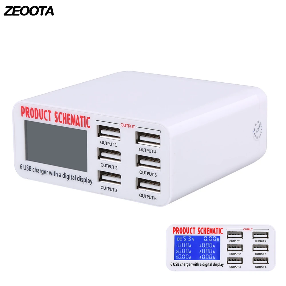 USB Charger 6 Ports HUB Smart LED Display Mobile Phone Fast Rapid Quick Charge Station 30W 5V/6A Travel Charging Power Adapter