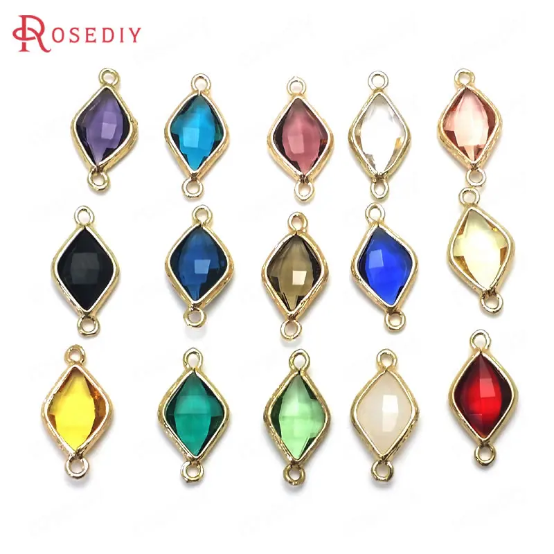 

10PCS 23x11MM 24K Champagne Gold Color Brass and Glass 2 Holes Rhombus Shape Connect Charms Pendants Diy Jewelry Accessories