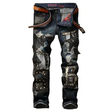 Biepa Designer Men’s Ripped Jeans Pants With Patches Fashion Punk Style Denim Trousers For Female With Rivets Patchwork