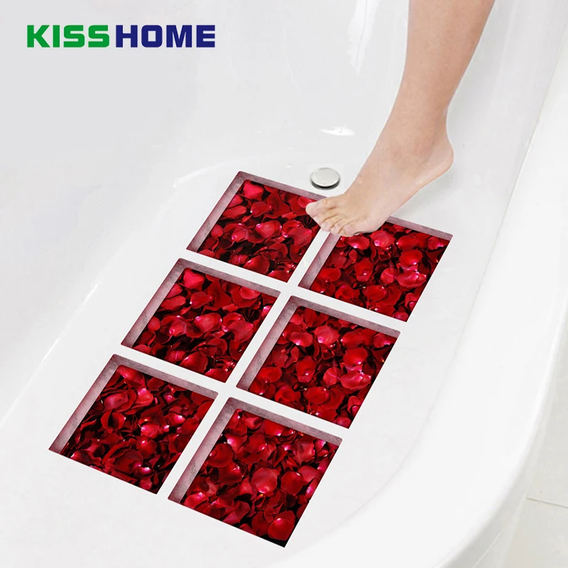 

6pcs/bag Bathtub Stick Wall Sticker Imitation 3D Realistic Creative Bathroom Children Safe Mat 15cmx15cm Rose Petal Jigsaw Mats