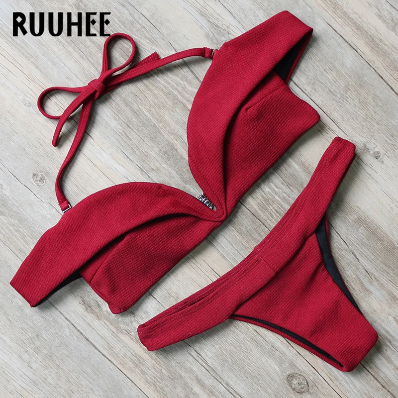 ruuhee marca bikini 2017 costumi da bagno costume da bagno delle donne solido costume da bagno push up brasiliano bikini set bea