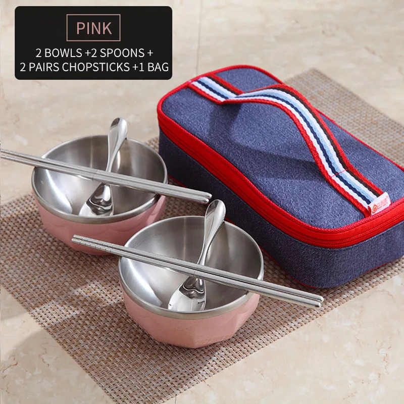 WORTHBUY портативный набор посуды, китайский 304 нержавеющая сталь, набор посуды для путешествий с сумкой, столовые приборы для детей, набор посуды для пикника - Цвет: Pink 2 Set