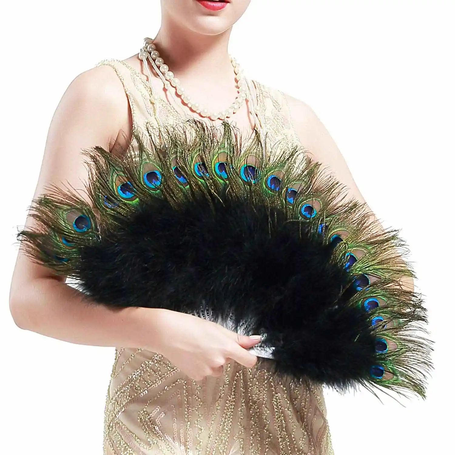 Botique-Roaring 20S винтажный Стиль Павлин и черный Марабу веер из перьев Flapper аксессуары 135,6x68,6 см