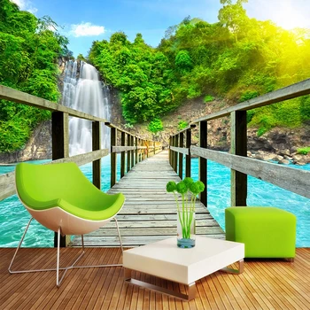 

Custom 3D Photo Wallpaper Waterfall Wooden Bridge 3D Mountain Water Landscape Mural Living Room Bedroom Background Wall Painting