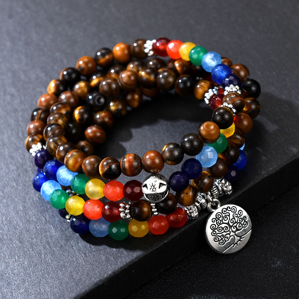

7 Chakra Bracelet Men 108 Beads Mala Buddha Buddhism Healing Tiger Eye 6mm Beaded Natural Stone Bracelet with Tree of Life Charm