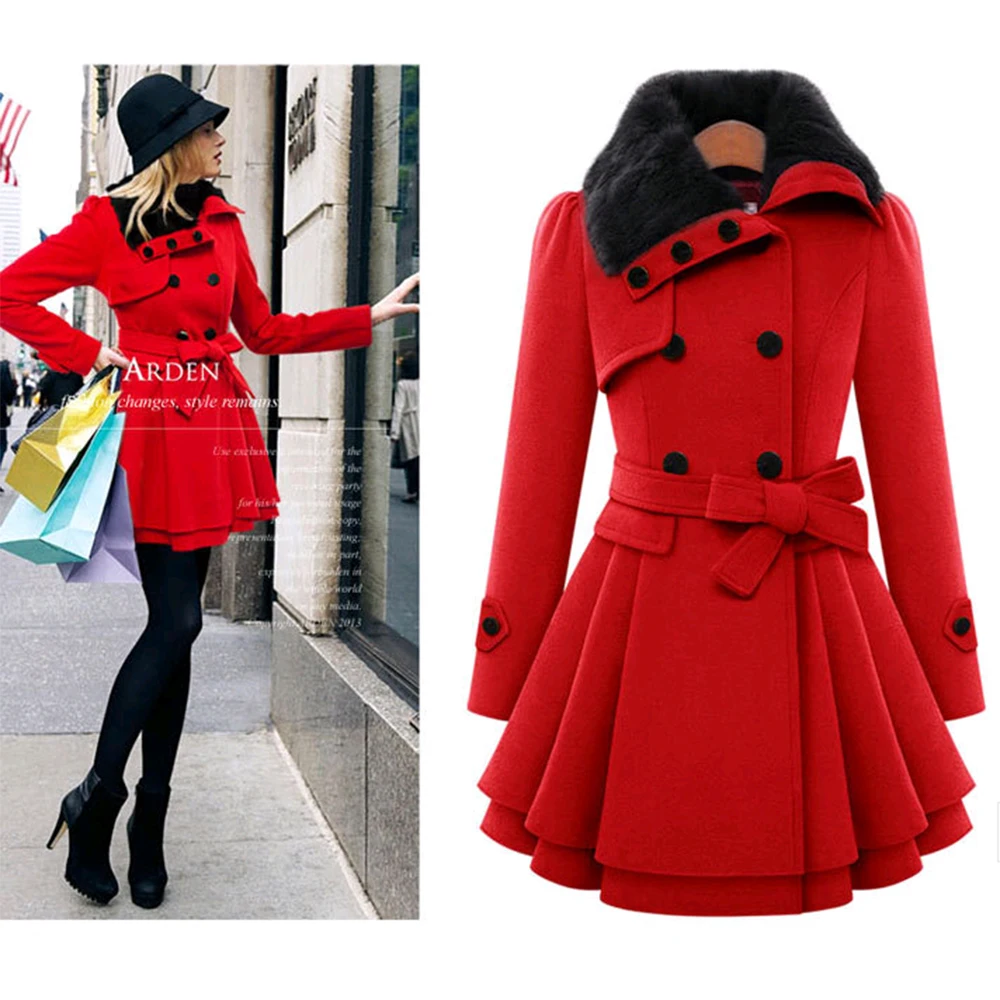 woolen coat female fur collar long sleeve black red blue