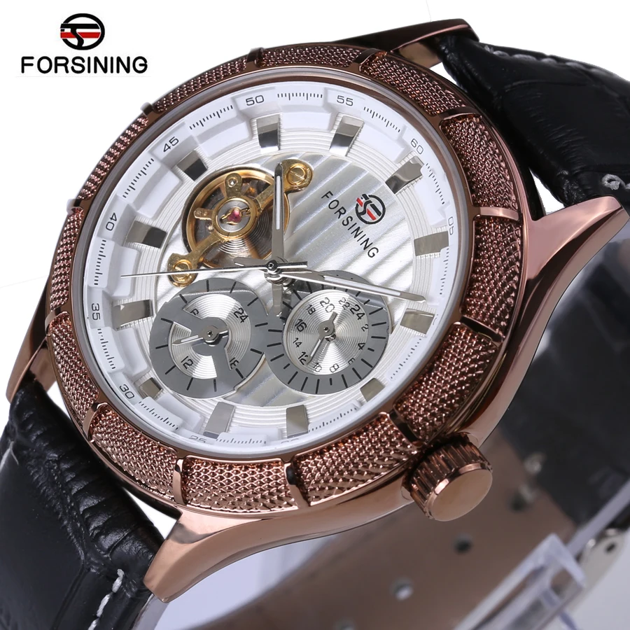 

FORSINING2018 Men Mechanical Wrist Watch Automatic Watch Fashion Tourbillon Dial Coffee Tone Stainless Steel Case Leather Strap