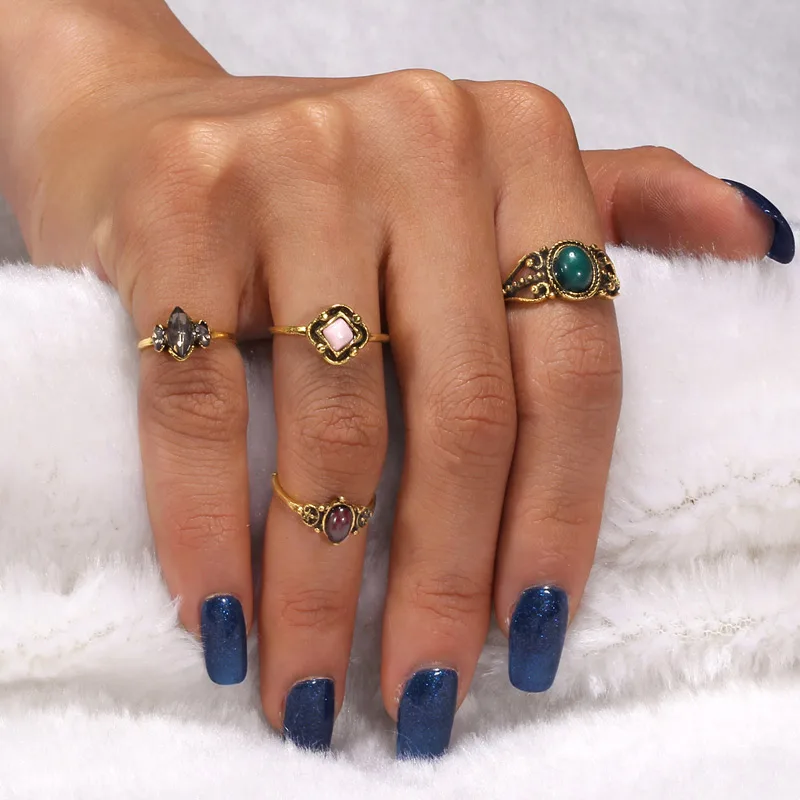 

Hesiod 4PCS/Sets Boho Ring Set Antique Gold Green Natural Stone Ring Set Bohemia Style Midi Ring Set Jewelry for Women