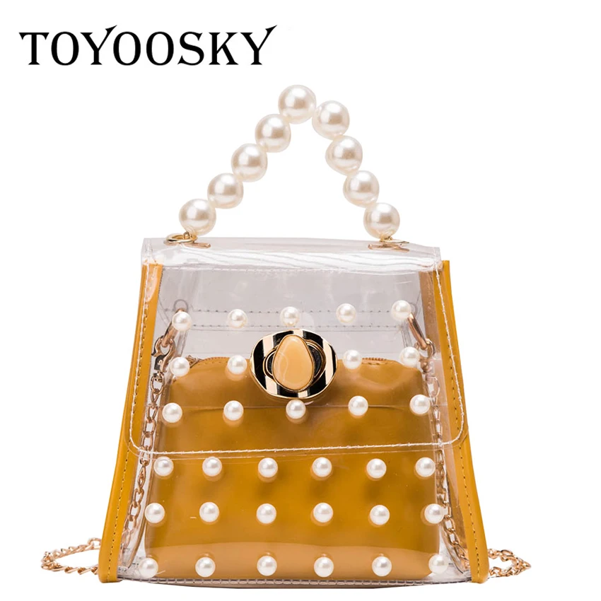 

TOYOOSKY Transparent Jelly Bag 2019 Fashion New Quality Pearl Women's Designer Handbag Lock Chain Shoulder Messenger Bags