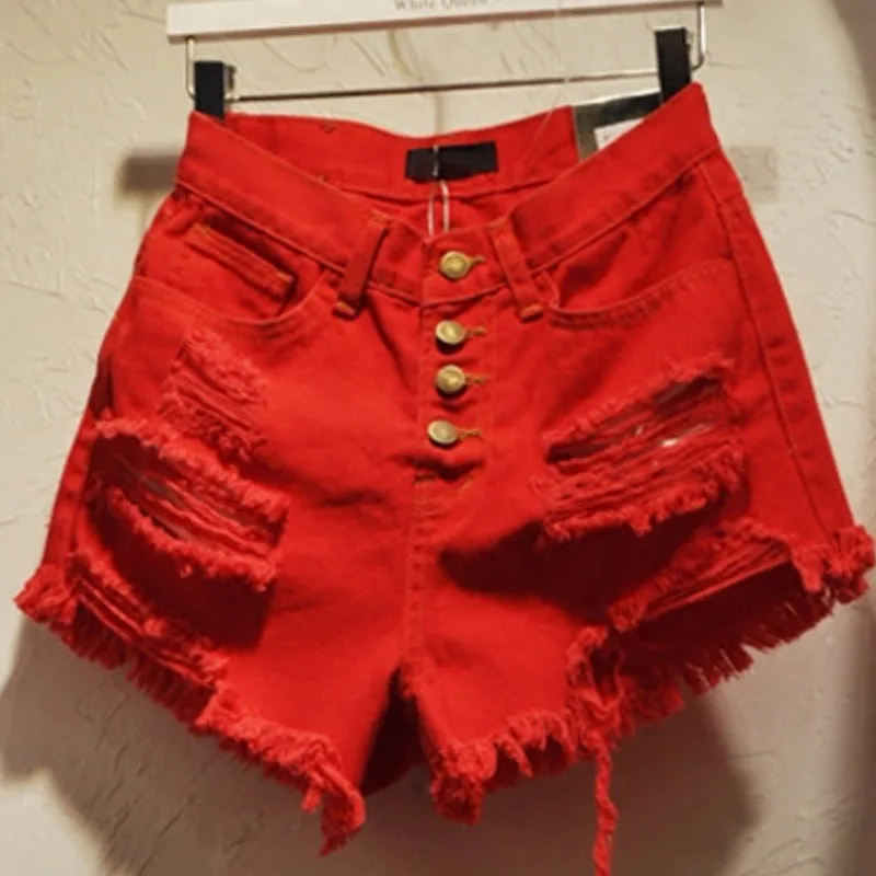 red ripped jean shorts