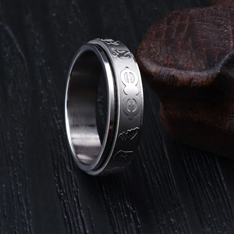 Модное серебряное титановое стальное кольцо для мужчин, вращающееся буддистское волнистое кольцо с буквами, религиозное мужское ювелирное изделие на палец