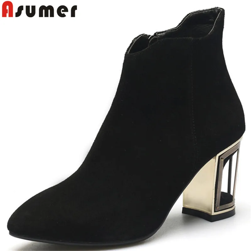 

ASUMER 2018 fashion spring autumn shoes woman pointed toe zip thick high heels boots suede leather ankle boots women size 33-43